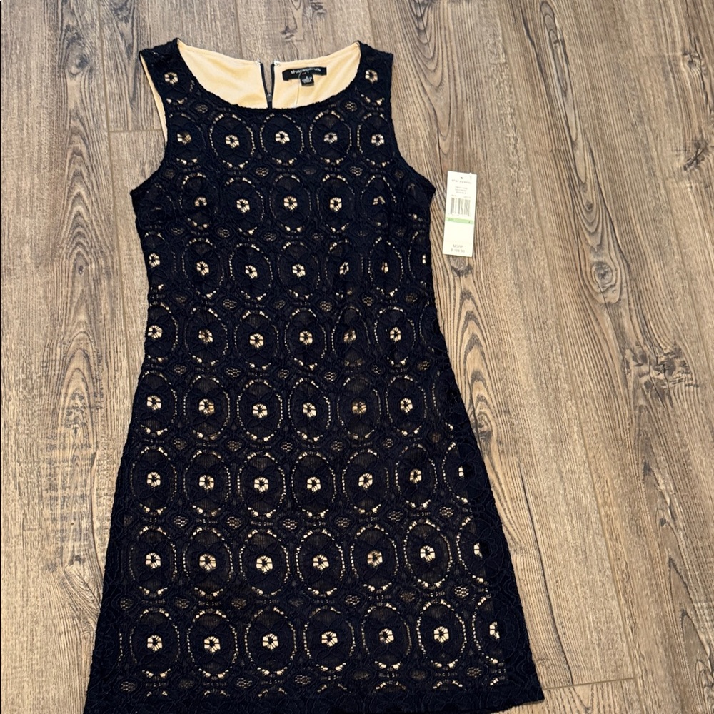 Sharagano NAVY BLUE  Lace Mini Dress with Nude Lining